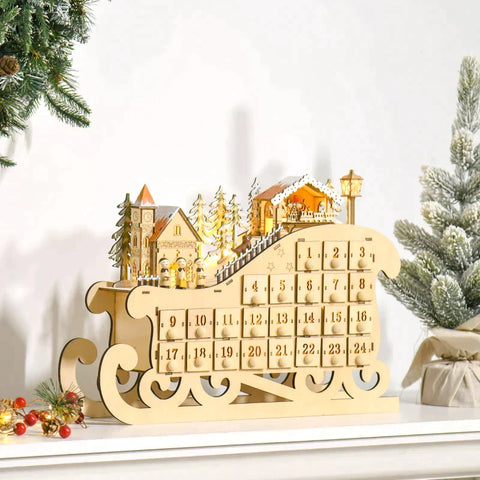 Rootz Christmas Advent Calendar - Christmas Calendar With LED Lights - With 24 Draw Compartments - Christmas Decoration - DIY Plywood Board - Natural Wood - 45 x 10 x 31 cm