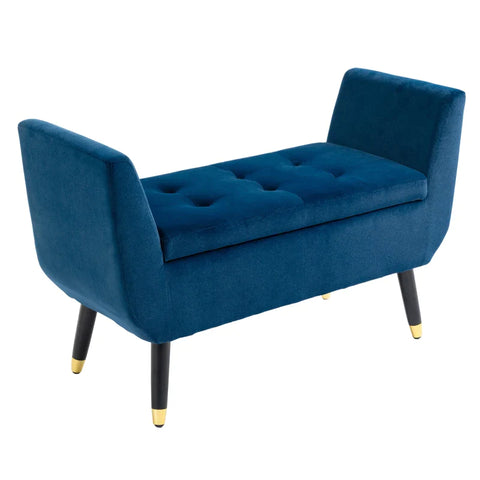 Rootz Luxury Bench - Upholstered Bench with Storage Space - Armrests - Chest Bench - Velvety - Polyester - Rubber Wood - Blue - 107 x 42 x 65 cm