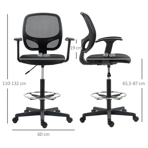 Rootz Drawing Chair With Footrest - 5 Castors - Height-adjustable - Steel - Mesh Fabric - Black - 60L x 56W x 132H cm