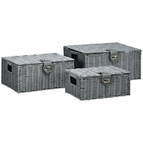 Rootz Storage Baskets - Set Of 3 Storage Baskets - Made Of PE Rattan - With Closure - Carrying Handles - Grey - 35.5 cm x 28.5 cm x 18 cm