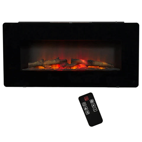 Rootz Electric Fireplace - Freestanding Fireplace Stove with Flame Effect - Metal - Tempered Glass - Black - 91.4 x 11 x 44 cm