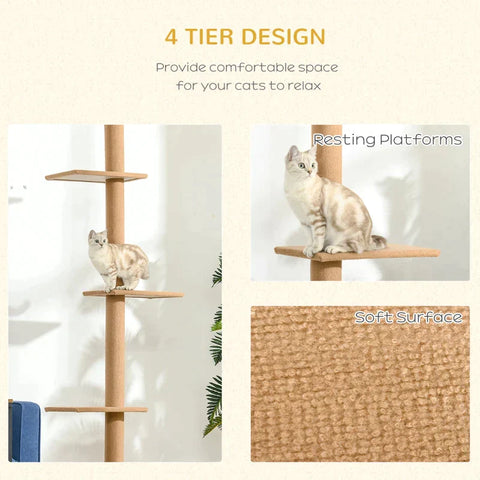 Rootz Scratching Post - Cat Tree - Cat Play Tree - Climbing Tree - Height Adjustable - Light Brown - 43 x 27 x 228-260 cm