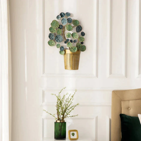Rootz Metal Wall Decor - 3D Plant Wall Art - Green + Gold - 40cm x 6cm x 60cm
