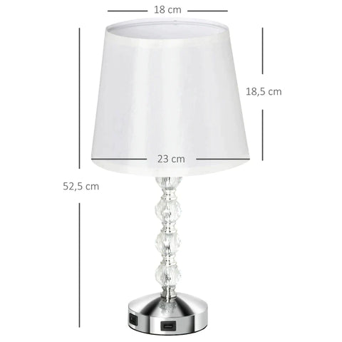 Rootz Table Lamp - Fabric Lampshade - Touch Sensor - USB Port - Crystal E27 - Living Room - Bedroom - Dining Room - White + Silver - Ø23 x 45H cm