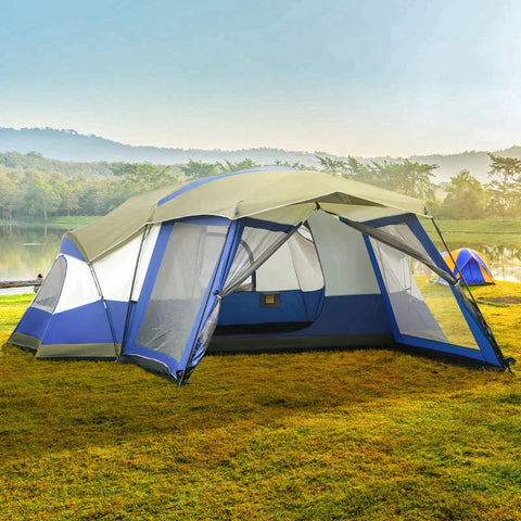 Rootz Camping Tent - 6-8 Persoons Tent - Familietent - Koepeltent - Met Voorkamer - 2 Ramen - Polyester/Glasvezel/Staal - Blauw/Groen/Grijs - 518 x 487 x 237 cm
