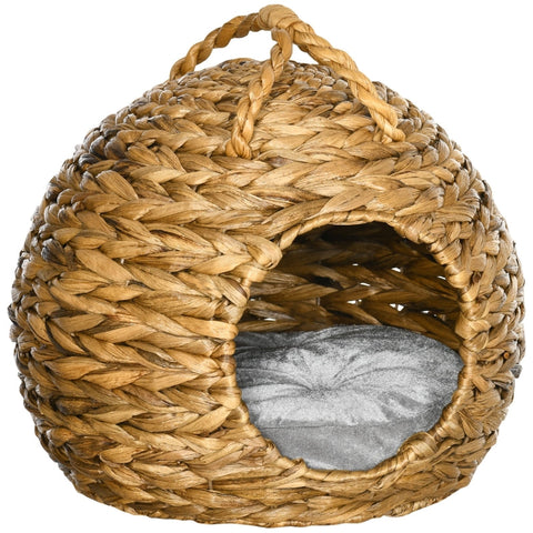 Rootz Cat Cave - Rattan Cat House - Water Hyacinth Grass with Handle - Natural - 41cm x 38cm x 41cm