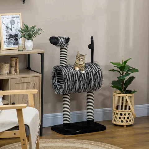 Rootz Scratching Post - Cat Climbing Tower - Cat Tree - 1 Cat Tunnel - 3 Scratching Posts - Black/White - 48.5cm x 35cm x 93cm
