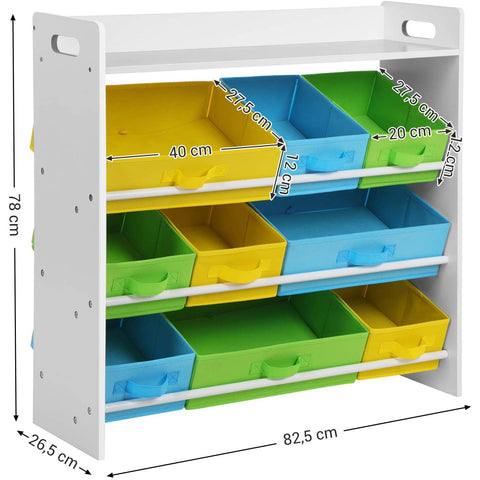 Rootz´s Spielzeug-Organizer mit 9 herausnehmbaren Behältern aus Vliesstoff – Stauraum – Bücherregal – Aufbewahrungsschrank – Spielzeug-Organizer – Spielzeugschrank – Holzrahmen – MDF – Weiß