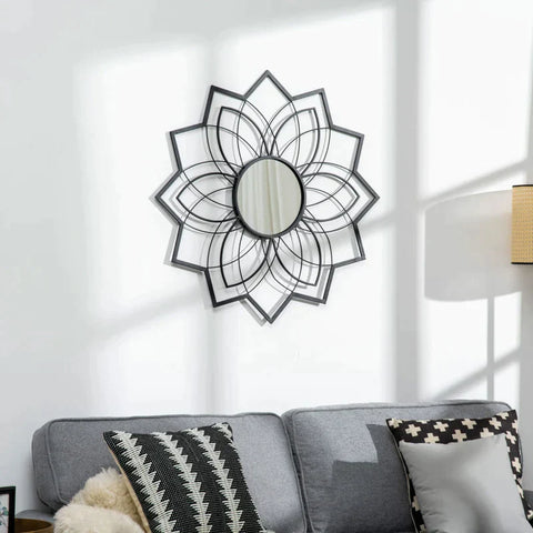 Rootz Round Mirror with Floral Patterns - Wall Mirror - Mirror Glass - Metal - MDF - Black - 79 cm x 79 cm x 0.4 cm