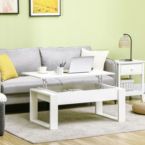 Rootz Couchtisch – Höhenverstellbarer Couchtisch mit versteckten Ablagefächern – Weiß – 105 cm x 79,5 cm x 59 cm