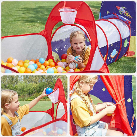 Rootz Speeltent - Kinderspeeltent - Draagbare Speeltent - Opvouwbare Speeltent - Speeltent Met Tunnel - Speeltent Met Ballenbak - Blauw-Rood
