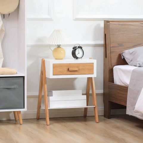 Rootz Side Table - Coffee Table - Side Table In Scandi Design - 1 Drawer 1 Shelf - MDF - White + Brown - 45L x 35W x 54.5H cm