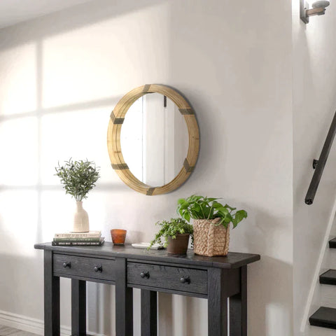 Rootz Wall Mirror - Mirror In Boho Style With Wooden Frame - MDF - Mirror Glass - Natural - 78 cm x 78 cm x 5 cm