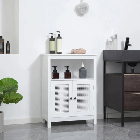 Rootz Bathroom Cabinet - Bathroom Cabinet In Rattan Look - 1 Shelf 1 Cabinet - MDF Wood - White - 60L x 30W x 80H cm
