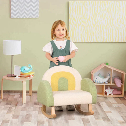 Rootz Rocking Chair for Toddlers - Cute Design - Imitation Sheepskin - Eucalyptus Wood Green + Yellow Beige - 50L x 45W x 50H cm