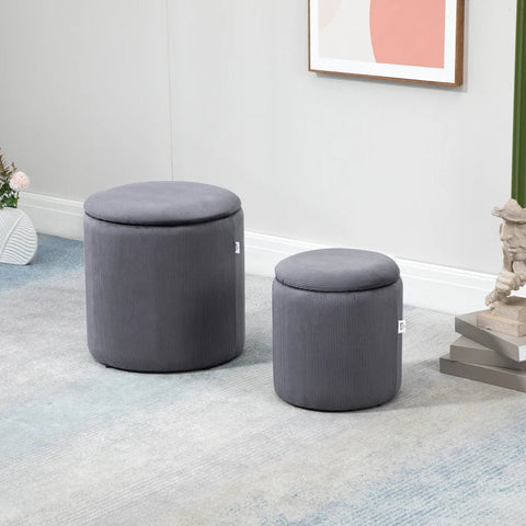 Rootz Stool Ottoman - Set Of Two - With Storage Space - Soft Padding - Cover In Corduroy Look - Grey - 40 x 40 x 41cm