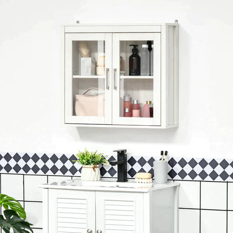 Rootz Bathroom Cabinet - 2 Glass Doors - 1 Shelf - MDF Wood - Glass - White - 60W x 19.5D x 54H cm