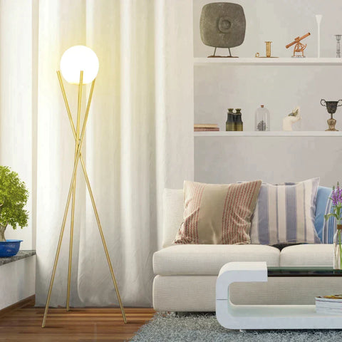 Rootz Floor Lamp - Tripod Floor Lamp - Tripod Design - Gold + White - 56.5L x 56.5W x 174H cm