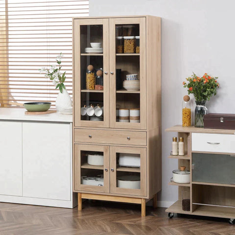 Rootz Kitchen Cabinet - Display Cabinet - 5 Storage Compartments - Drawer - Glass Door - Anti-tipper - Wood - Oak - 76 x 40 x 183 cm