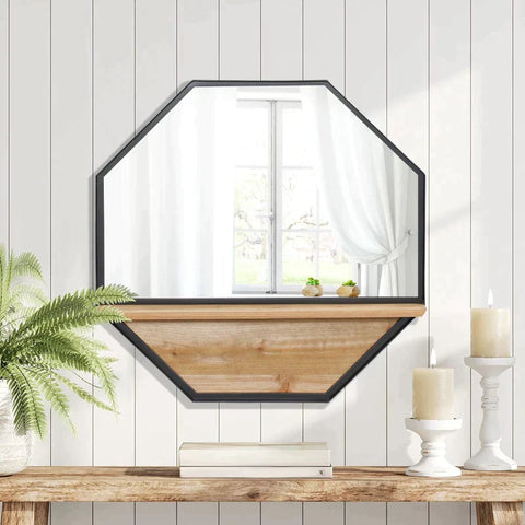 Rootz Wall Mirror - Wall Mirror With Shelf - Industrial Design - Fir Wood - Metal - Black + Nature - 61L x 8.4W x 61H cm
