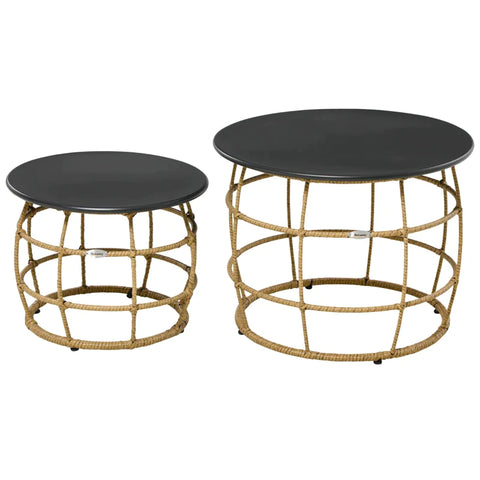 Rootz Garden Table - Set of 2 Boho Style Garden Tables - Weather Resistant - Stackable - Natural + Dark Grey - 60cm x 60cm x 47cm