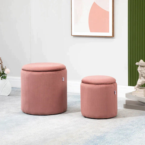 Rootz Stool Ottoman - Set Of Two - With Storage Space - Soft Padding - Cover In Corduroy Look - Pink - 40 x 40 x 41cm