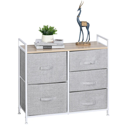 Rootz Drawer Cabinet - Storage Cabinet - Fabric Chest Of Drawers - 5 Fabric Drawers - Fabric + Wood + Metal Frame - Grey - 83 x 29 x 77 cm