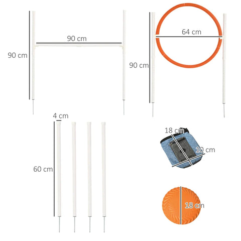 Rootz Agility Set - 5 Pieces - Including Jumping Hurdle - Jump Ring - Frisbee - Height Adjustable - with Carry Bag - White + Blue + Red + Orange - 91L x 4W x 90H cm