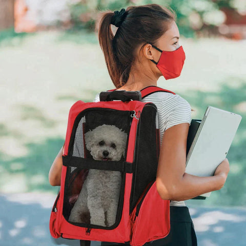 Rootz Dog Carrier - Pet Backpack - 2-in-1 Design - Extendable Handle - Side Pockets - Red - 42 x 25 x 55cm