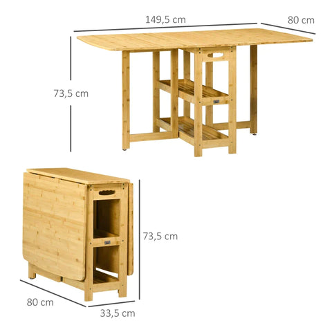 Rootz Folding Table - Dining Table - Two Foldable Sides - Two Shelves - Adjustable Feet - Bamboo - 149.5 x 80 x 73.5 cm