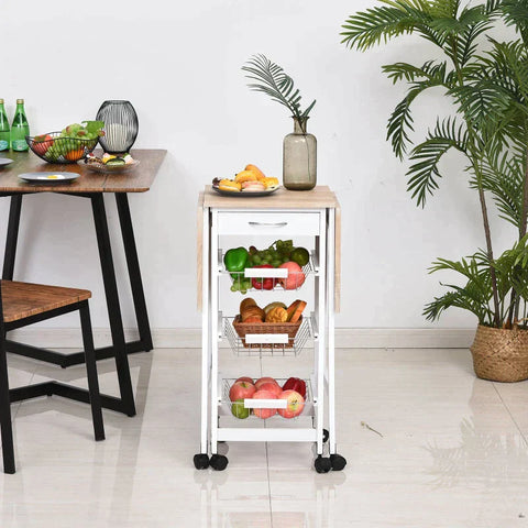 Rootz Kitchen Trolley - Drop-leaf Kitchen Trolley - Baskets Drawer - 6 Wheels Rolling Storage Unit - Kitchen - Home - Dining Cart - White/Brown - 97.2 cm x 37 cm x 77.5 cm
