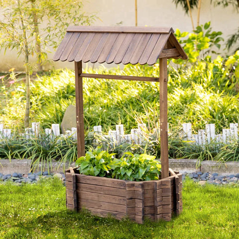Rootz Raised Bed - Cultivation Bed - Wooden Fountain - Roof Flower Pot - Wishing Well Planter - Brown - 93 x 55 x 137 cm
