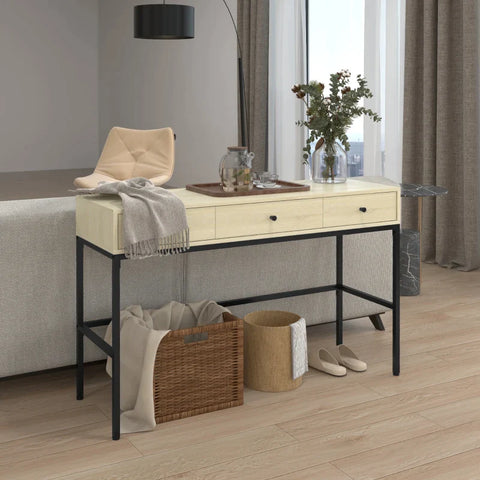 Rootz Consoletafel - Industrieel Design - 3 Laden - Sofatafel - Waterdicht - Haltafel - Stalen poten - Naturel + Zwart - 120L x 39,8W x 78H cm