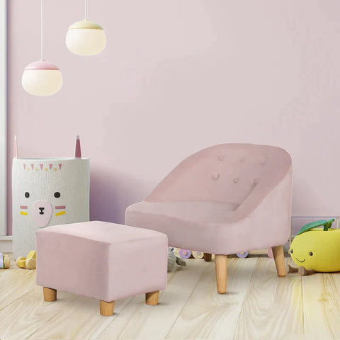 Rootz Armchair - Children's Armchair - With Ottoman - For 3 To 5 Years Children - Cute Design - Velvet Look Armchair - Pink - 51 cm x 51 cm x 50 cm