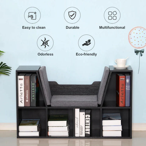 Rootz Bookshelf - Bookshelf With Stool Bench - Bookcase Storage Shelf With Cushioned Reading Seat - Bedroom - Living Room - Black/Grey - 102 × 30 × 61 cm