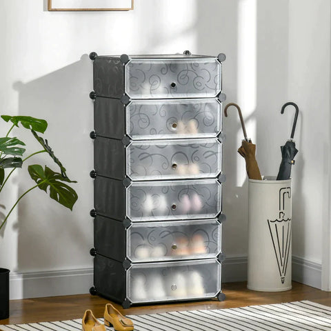 Rootz schoenenrek - modulair schoenenrek voor 6 paar schoenen - abs connectoren - deurplaat - houten hamer - zwart - 49L x 36,5B x 108H cm