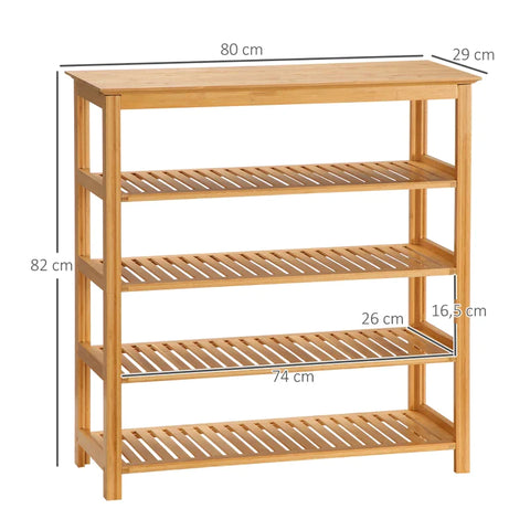 Rootz Shoe Rack - 4 Shelves - Bamboo - Slats - 4 Pairs Shoes - Water-repellent - Up To Size Eu 45 - Natural - 80L x 29W x 82H cm