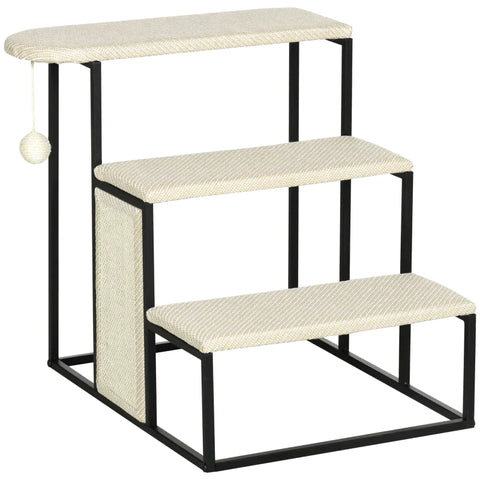 Rootz Cat Stairs - With Scratching Board - 3 Steps - Toy Ball - Robust - Steel + Sisal - Cream White + Black - 51 x 54 x 53 cm