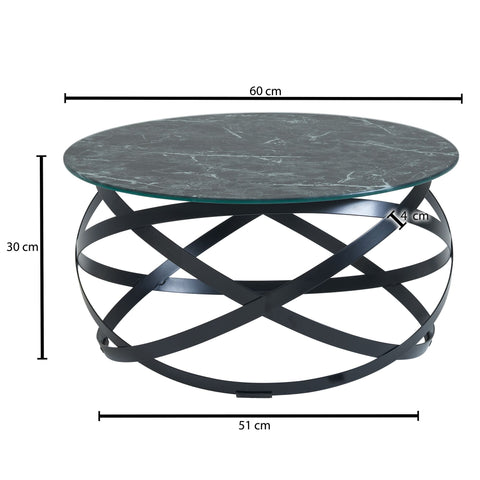 Rootz Couchtisch aus Glas – Runder Marmor-Look in Schwarz – Metallrahmen – Moderner kleiner Beistelltisch – 60 x 60 x 30 cm