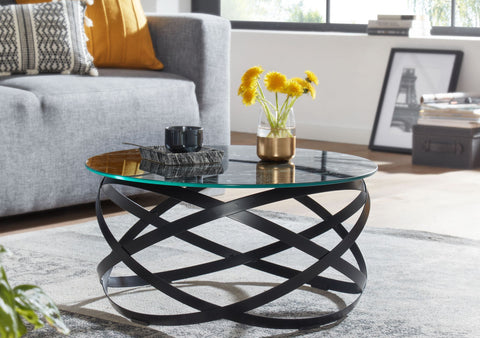 Rootz Couchtisch aus Glas – Runder Marmor-Look in Schwarz – Metallrahmen – Moderner kleiner Beistelltisch – 60 x 60 x 30 cm