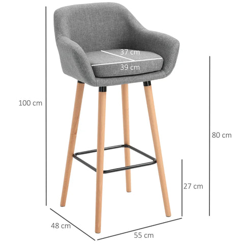 Rootz Set Of 2 Bar Stools - Including Footrest - Solid Wood - Gray + Natural - 55 cm x 48c m x 100 cm