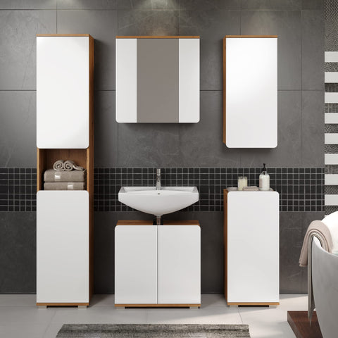 Rootz Bathroom Cabinet - Storage Unit - Washroom Furniture - Vanity Stand - Towel Holder - Restroom Organizer - Bath Rack - White Gloss and Artisan Oak - 37 x 82 x 31 cm