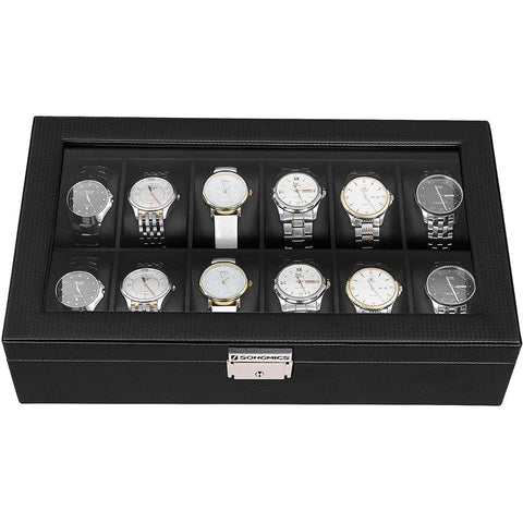 Rootz Watch Box - Watch Storage - 12 Compartimenten - Fluweel - PU - Metalen Gesp - Zwart - 36,2 X 9 X 21,3 cm