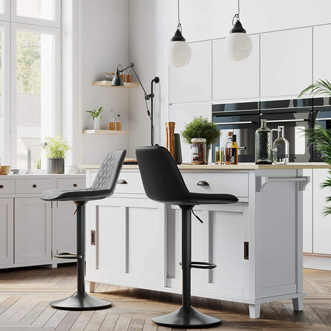 Rootz Barhocker – 2er-Set – Küchenstühle – höhenverstellbar – Rückenlehne – gepolstert – Schwarz – Kunstleder – 47 x 51 x (88,5–108,5) cm