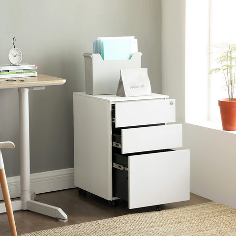 Rootz Lockable office cabinet with hanging file - Under desk with 3 drawer - Pre-assembled - For files and documents - White (52 x 39 x 60 cm)