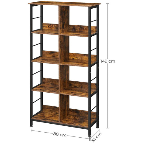 Rootz Bookcase - Storage Cabinet - 8 Compartments - Brown - Black - Processed Wood - Metal - 80 x 33 x 149 cm