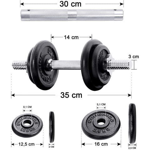 Rootz Dumbbell Set - Adjustable - Connecting Tube - 8 x 2.5 kg - 4 x 1.25 kg - Anti-Slip - Cast Iron