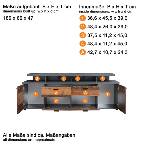 Rootz TV Lowboard - Media Console - Entertainment Stand - Television Cabinet - TV Bench - Media Stand - Dark Brown & Grey - 180x66x47 cm