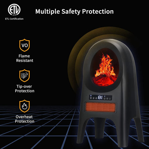 Rootz Space Heater - Electric Heater - 3 Modes - 10-49°c - With Remote Control - Led Flames Freestanding - Black - 33.7 x 25.5 x 60.4 cm