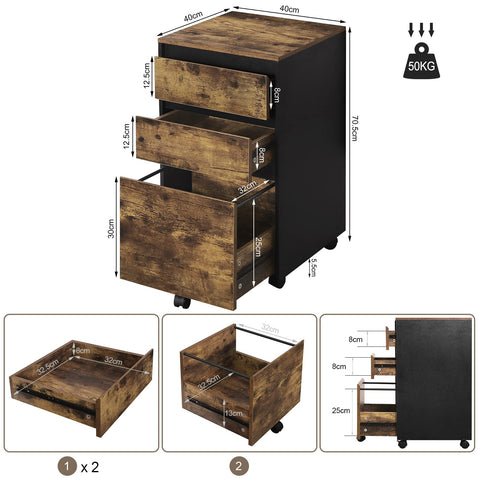 Rootz Office Cabinet - File Holder - Storage Unit - Document Organizer - Rolling Container - Drawer Chest - Dark Oak + Black - 40x70x40 cm